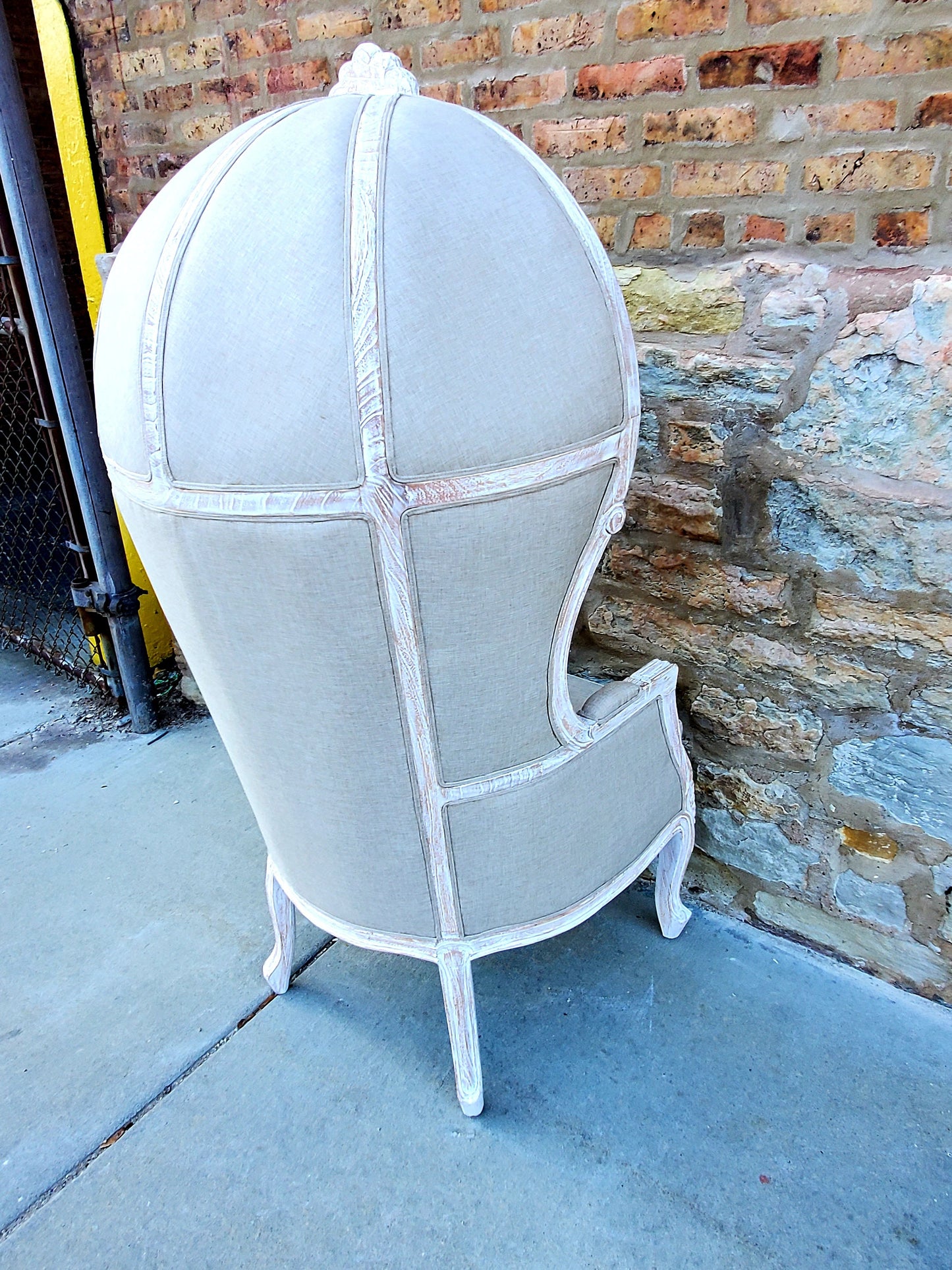 Balloon Chair | Porter Chair | Throne | Louis XV Style Dome Canopy Chair | Beige Fabric White-wash Trim | French Inspired Design