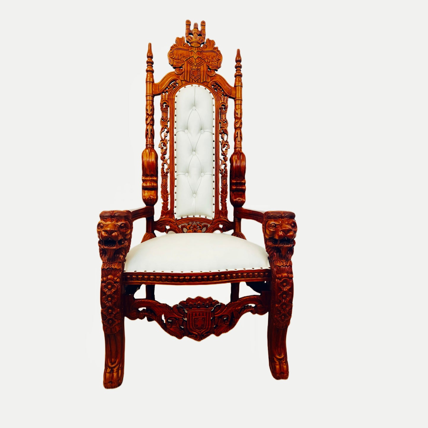 Throne Chair | King | Mahogany wood | Genuine Leather | White | Lion Head