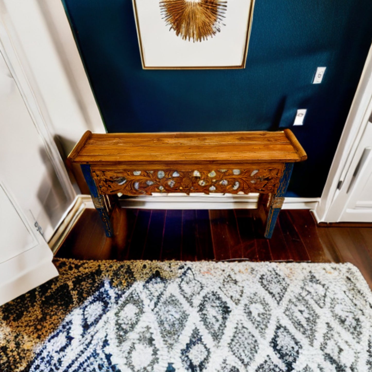 Console Table | Reclaimed Teak Wood | Architectural Carved Console | Hand-Painted | Handmade | Carved Console Table | Leaf Design